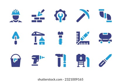 Construction icon set. Duotone color. Vector illustration. Containing construction and tools, trowel, maintenance, pickaxe, plumbing, under construction, bolt, measure, tanker, bucket, drill, hammer.