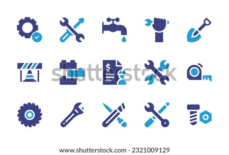 Construction icon set. Duotone color. Vector illustration. Containing easy installation, repair, faucet, hand, shovel, work in progress, construction, contract, measure tape, saw, adjustable spanner.