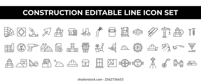 Construction Icon Set with editable line icons of tools, equipment, and construction materials. Great for engineering projects, branding, brochures, and industrial design templates. Construction tools