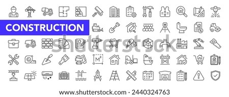 Construction icon set with editable stroke. Building and construction thin line icon collection. Vector illustration