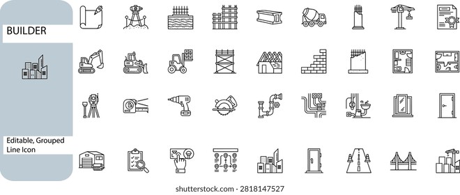 Construction icon set featuring industrial engineering machinery architecture equipment drafting tools repair symbols on transparent