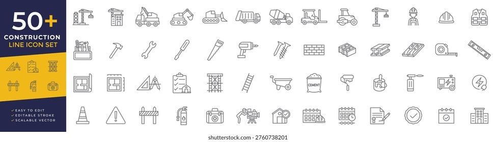 Construction icon set featuring thin line vector icons for architecture, building, engineering, heavy machinery, tools, home renovation, and industrial project workflows