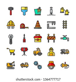 Construction icon set with filled outline style vector illustration