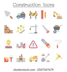 Construction icon set in flat color style