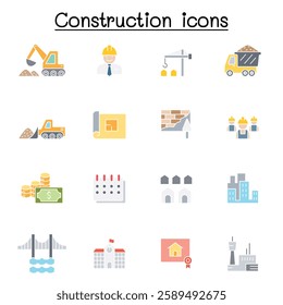 Construction icon set in flat color style