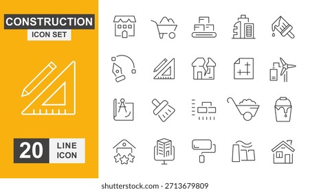 Konstruktionssymbolsatz. Zahnrad, Hammer, Arbeit, Arbeit, Bauen, Eigentum und mehr Linie Symbol.