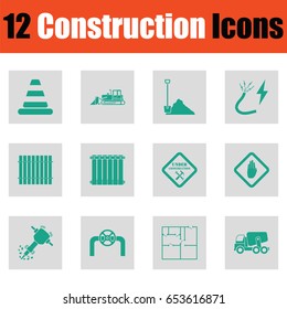 Construction icon set. Green on gray design. Vector illustration.