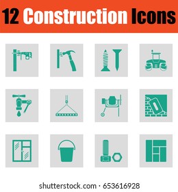 Construction icon set. Green on gray design. Vector illustration.