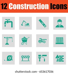 Construction icon set. Green on gray design. Vector illustration.