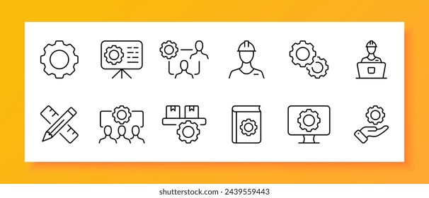 Conjunto de iconos de construcción. Sombrero duro, regla, lápiz, monitor, instrucciones, equipo, caja. Icono negro sobre fondo blanco. Icono de línea vectorial para negocios y publicidad