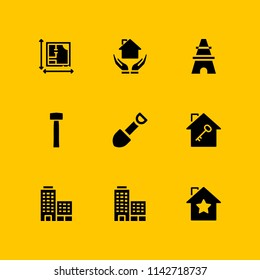 construction icon set. house, hammer and blueprint vector icon for graphic design and web