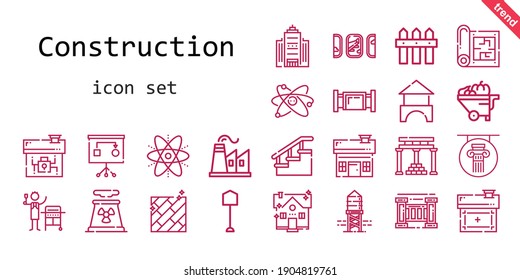 conjunto de iconos de construcción. estilo de icono de línea. íconos relacionados con la construcción como ladrillos, carretilla, fábrica, escaleras, columna, pala, planta nuclear, ventanas, casa, templo de apollo, plano, planificación