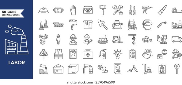 Construction icon set in line style. Construction, labour day, renovation, excavator and more. Vector illustration