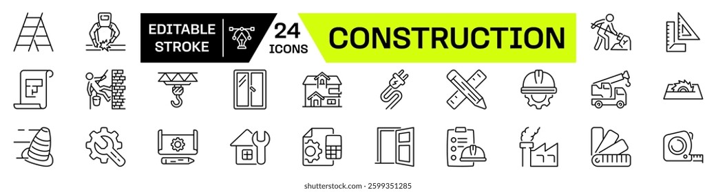 Construction icon set. Linear style. Editable stroke.