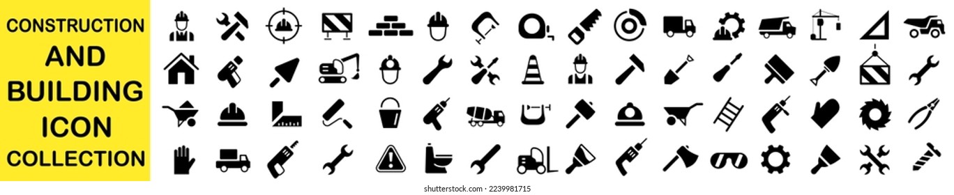 Construction icon set. Outline web icons set - construction. Building, repair tools, home, scraper, safety glasses, paint brush, cement mixers. Simple vector illustration.