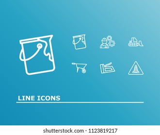 Construction icon set and paint bucket with stapler, bulldozer and wheelbarrow. Craftsman related construction icon vector for web UI logo design.