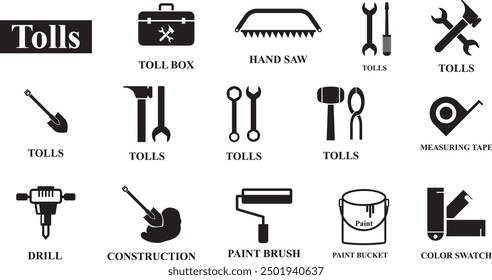 Construction Icon set. Construction Tolls, Crane, Excavator, Build icon in fill style. High quality business Icon set of Industry 