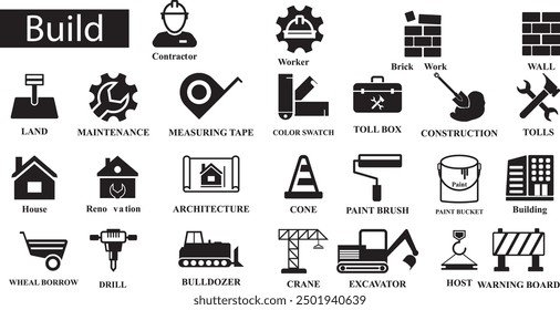 Construction Icon set. Construction Tolls, Crane, Excavator, Build icon in fill style. High quality business Icon set of Industry 