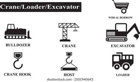 Construction Icon set. Construction Tolls, Crane, Excavator, Build icon in fill style. High quality business Icon set of Industry 