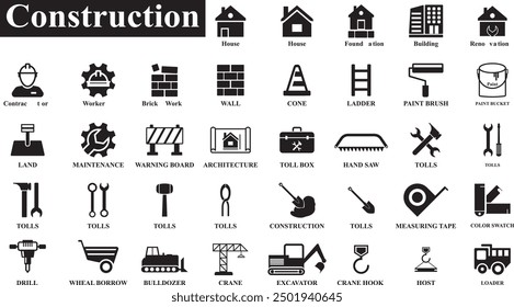 Construction Icon set. Construction Tolls, Crane, Excavator, Build icon in fill style. High quality business Icon set of Industry 