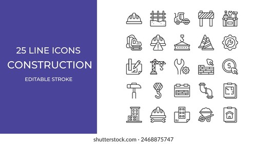 Konstruktions-Icon-Set Vektorgrafik Design Illustration Stock editierbare Strich. Kegel, Tools, Bauen und mehr