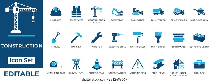 construction icon set vector featuring heavy machinery, building tools, safety equipment, and architectural elements for industrial designs.