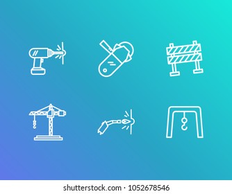 Construction icon set and welding with drilling work, tower crane and overhead. Torch related construction icon vector items for web UI logo design.