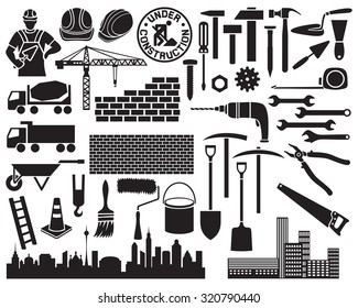 construction icon set (wheelbarrow, hammer, nail, mason worker with brick and trowel, shovel, traffic cone, hard hat, cranes, silhouette of the city, wall)
