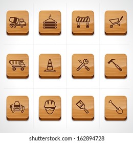 Construction icon set with wood texture button