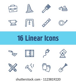 Construction icon set and work gloves with overhead, pencil with ruler and window. Carpentry related construction icon vector for web UI logo design.