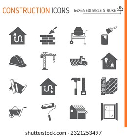 Construction icon solid set, building vector collection, logo illustrations, repair vector icons, glyph style pictogram pack, editable stroke icons.