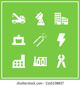 construction icon. This set with urban buildings, high voltage, crane and pipeline vector icons for mobile and web