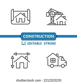 Construction Icons. Blueprint, Moving Truck, Architecture, Construction Crane, House Icon. Professional, 32x32 pixel perfect vector icon. Editable Stroke