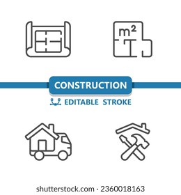 Construction Icons. Blueprint, Moving Truck, Tools, House, Building Icon. Professional, 32x32 pixel perfect vector icon. Editable Stroke