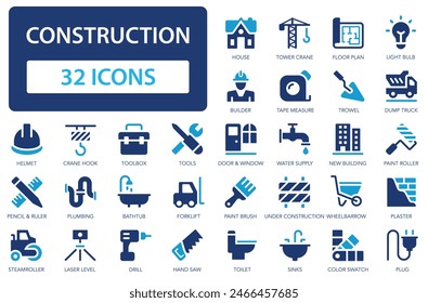 Construction icons collection. Design and construction of buildings. Crane, builder, engineering, equipment, helmet, tool, house. Simple flat vector icon.