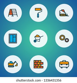 Construction icons colored line set with excavator, cogwheel, stepladder and other backhoe elements. Isolated vector illustration construction icons.