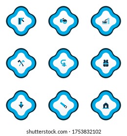 Iconos de la construcción coloridos con elementos de trineo, templo, sierra y otros elementos de la sierra. Iconos aislados de construcción de ilustraciones vectoriales.