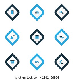 Construction icons colored set with door, bucket, concrete mixer and other cement vehicle elements. Isolated vector illustration construction icons.