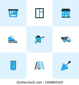Construction icons colored set with door, house, tipper and other open  elements. Isolated vector illustration construction icons.