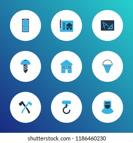 Construction icons colored set with drawing with adaption, house, hook and other approach elements. Isolated vector illustration construction icons.