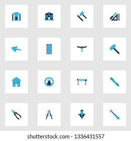 Construction icons colored set with drawing set, set for laying tiles, turn-screw and other college elements. Isolated vector illustration construction icons.