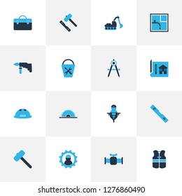 Construction icons colored set with excavator, working, drawing and other hardhat elements. Isolated vector illustration construction icons.