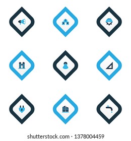 Construction icons colored set with foreman, water crane, church and other gear with helmet elements. Isolated vector illustration construction icons.