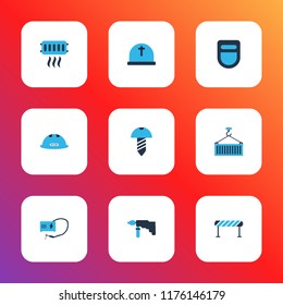 Construction icons colored set with construction helmet, drill, welding helmet and other rip elements. Isolated vector illustration construction icons.