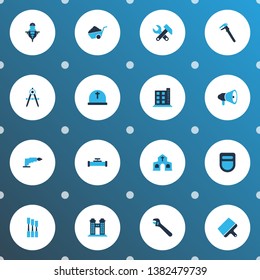 Construction icons colored set with hostel, screwdriver, chisel and other workman elements. Isolated vector illustration construction icons.