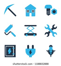 Construction icons colored set with house, set of keys, electric plug and other electric box elements. Isolated vector illustration construction icons.