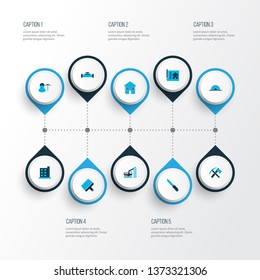 Construction icons colored set with house drawing, sawmill, pipeline with crane and other hotel elements. Isolated vector illustration construction icons.