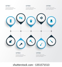 Construction icons colored set with observatory, bucket tools, knife and other approach elements. Isolated vector illustration construction icons.