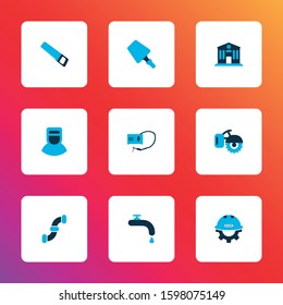 Construction icons colored set with school, builder, saw and other brazing elements. Isolated vector illustration construction icons.