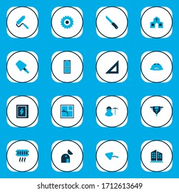 Iconos de construcción coloreados con bordes rectos, auger, pizarra eléctrica y otros elementos afilados. Iconos de construcción de ilustraciones vectoriales aisladas.